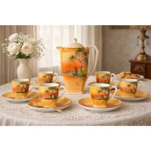 1920s Noritake Hand Painted Scenic Windmill Coffee Pot Set Cups Saucers